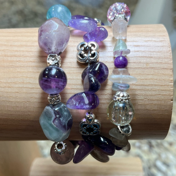 Handmade Jewelry - 3-Pc Fluorite Amethyst Bracelet Bundle Handmade Artisan Gemstone Stack Set
